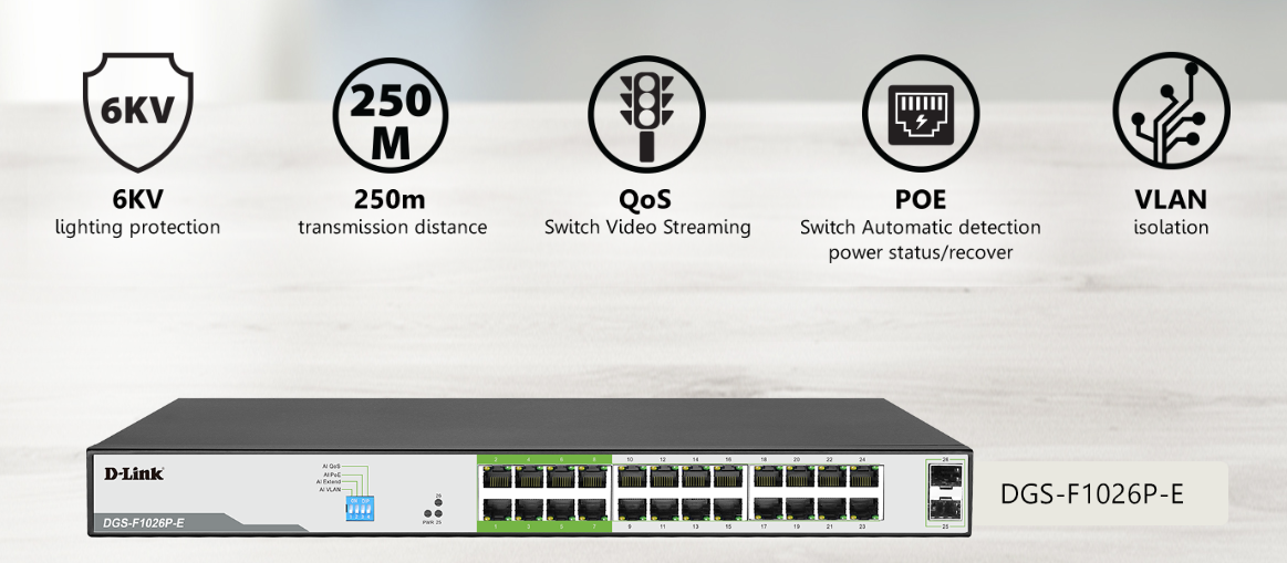 سوئیچ 26 پورت گیگابیتی و دسکتاپ دی لینک مدل DGS-F1026P-E